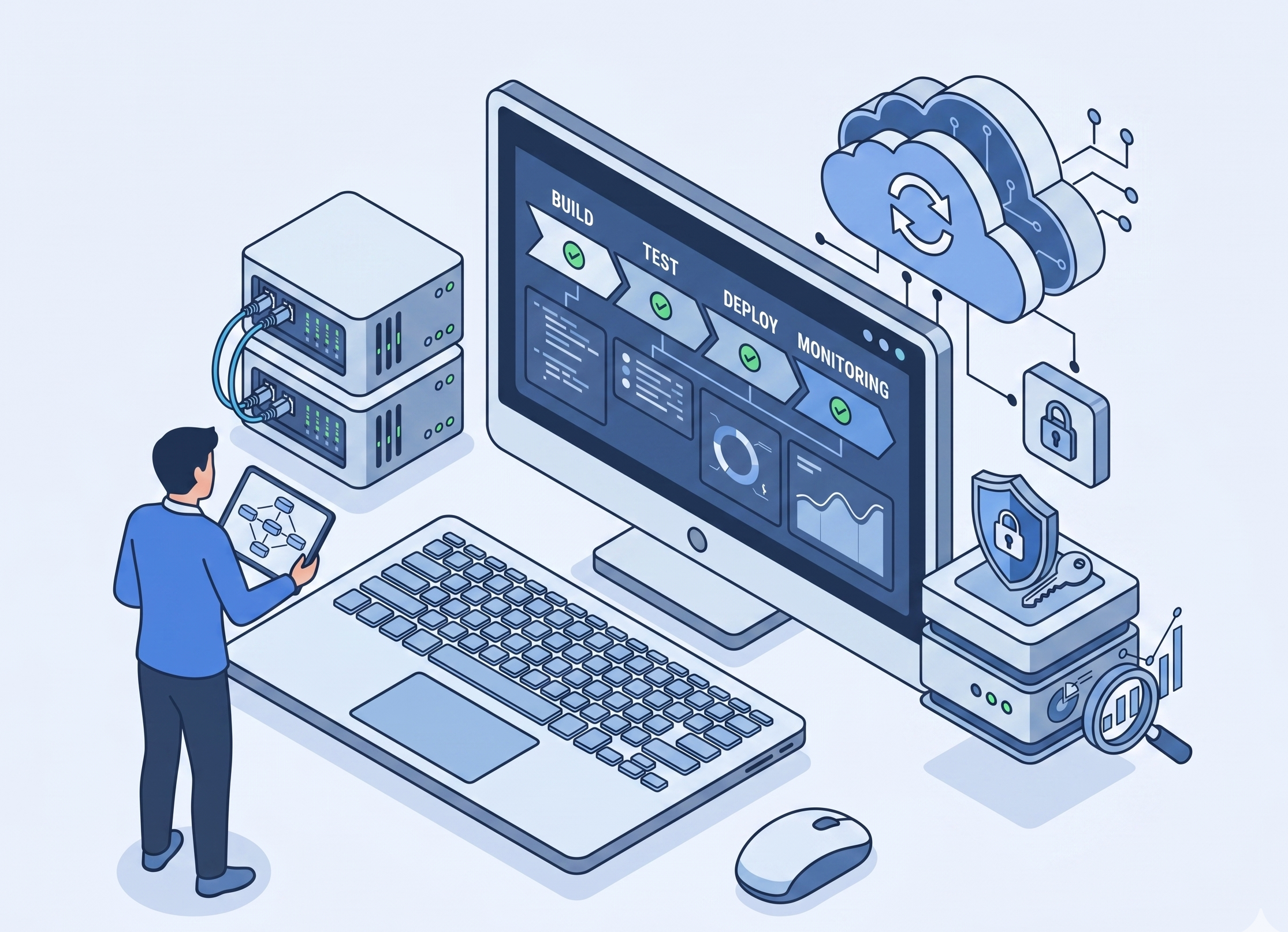 Ilustración de servidores e integración de software