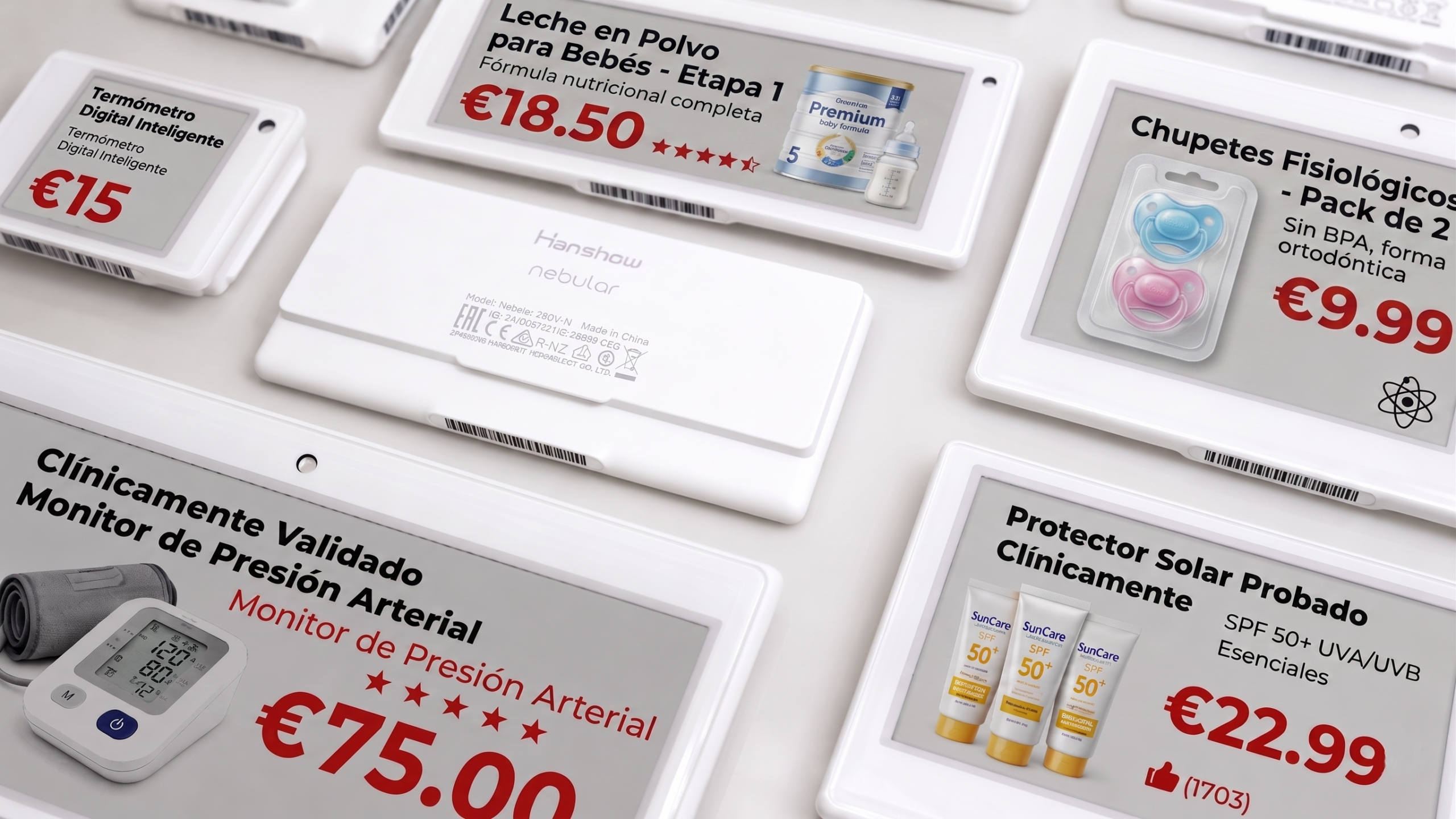 Gama de tamaños y colores de las etiquetas de tinta electrónica Hanshow para farmacias