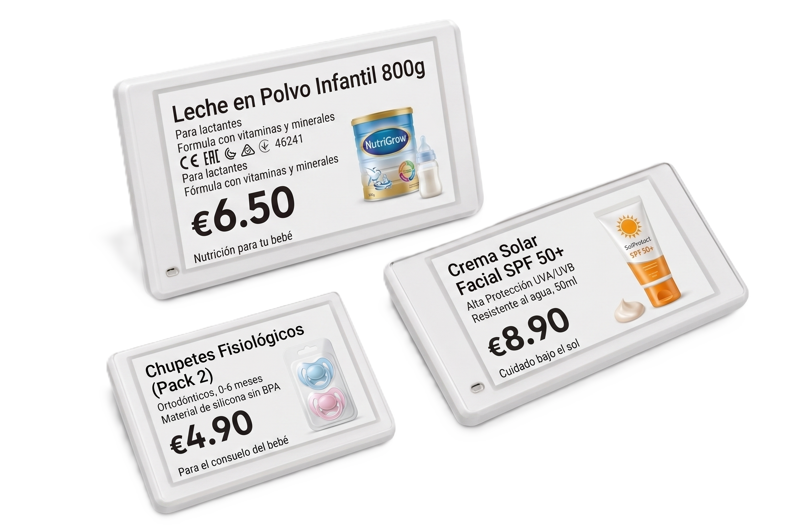 Etiquetas electrónicas inteligentes Hanshow instaladas en el lineal de una farmacia
